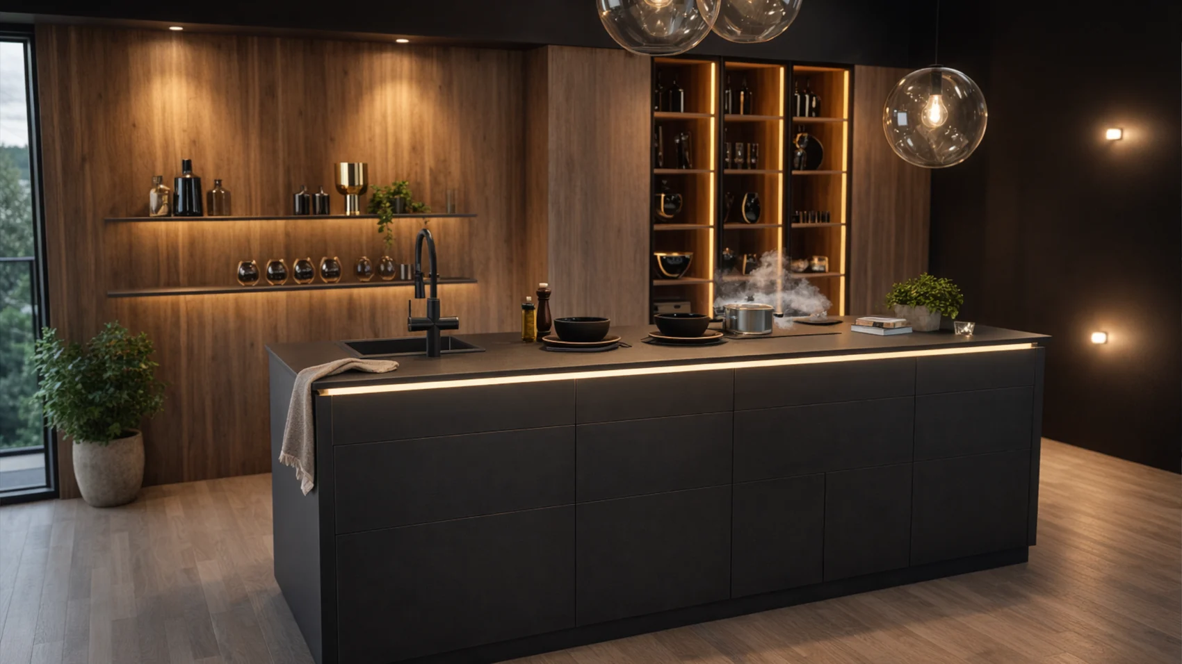 Photoreal render of a kitchen at dusk: matt graphite island with an integrated light line, walnut wall panelling and lit open shelving
