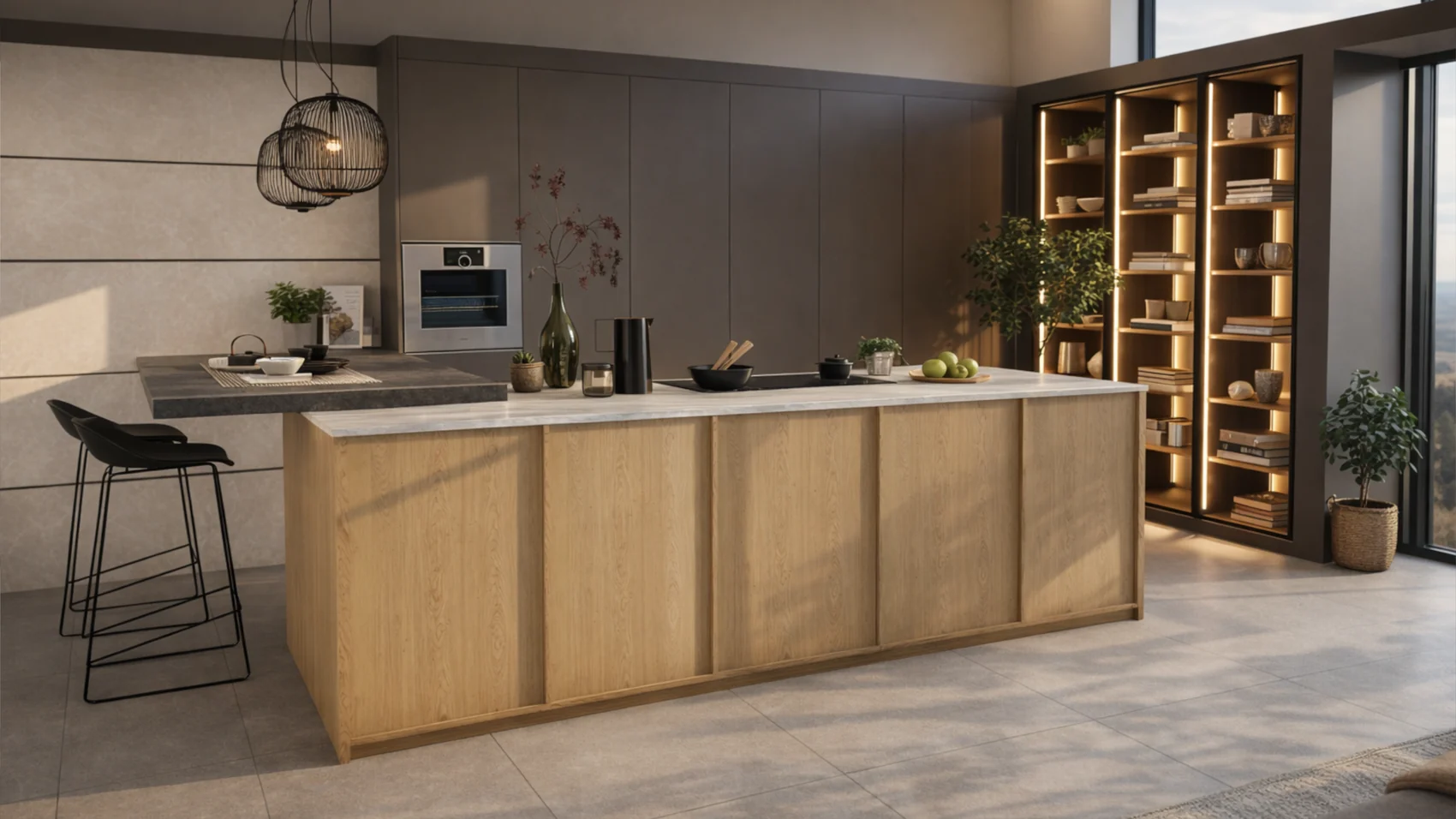 Photoreal render of a daylit kitchen: oak island with a marble top, stone wall panels and lit tall shelving