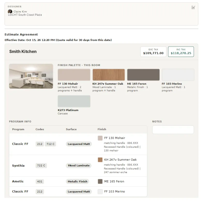 Estimate agreement showing the finish palette, programs and handles, with the price excluding and including tax
