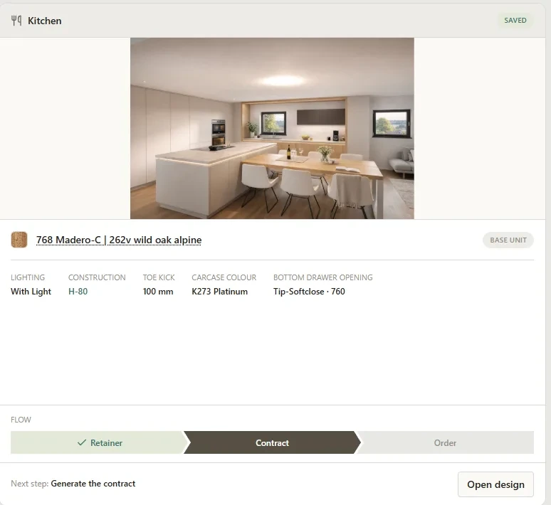 Kitchen design card with the program, specifications and a Retainer, Contract, Order flow bar