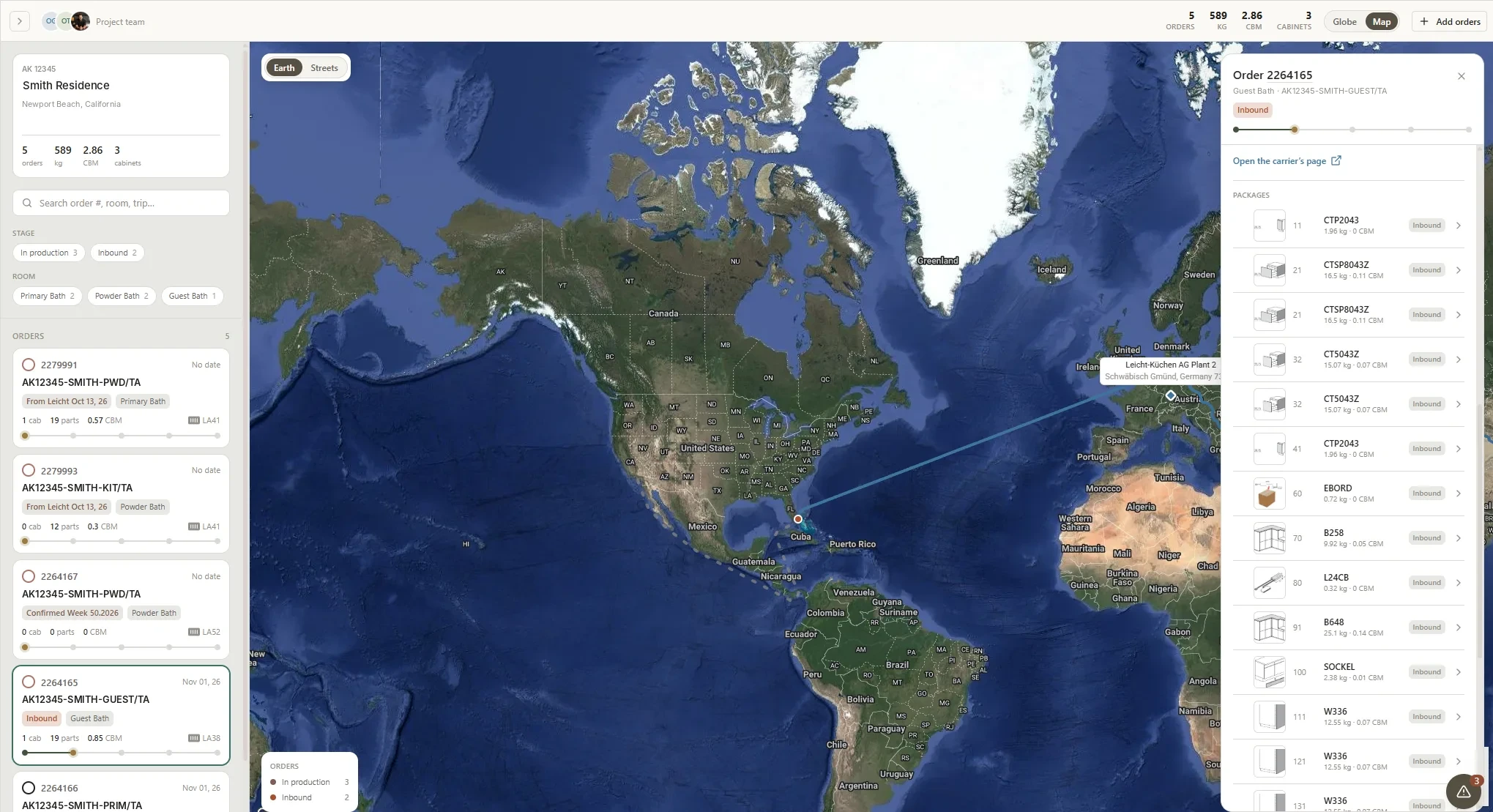 Map view: order route from LEICHT Plant 2 in Germany across the Atlantic to the US, with the package list for the order
