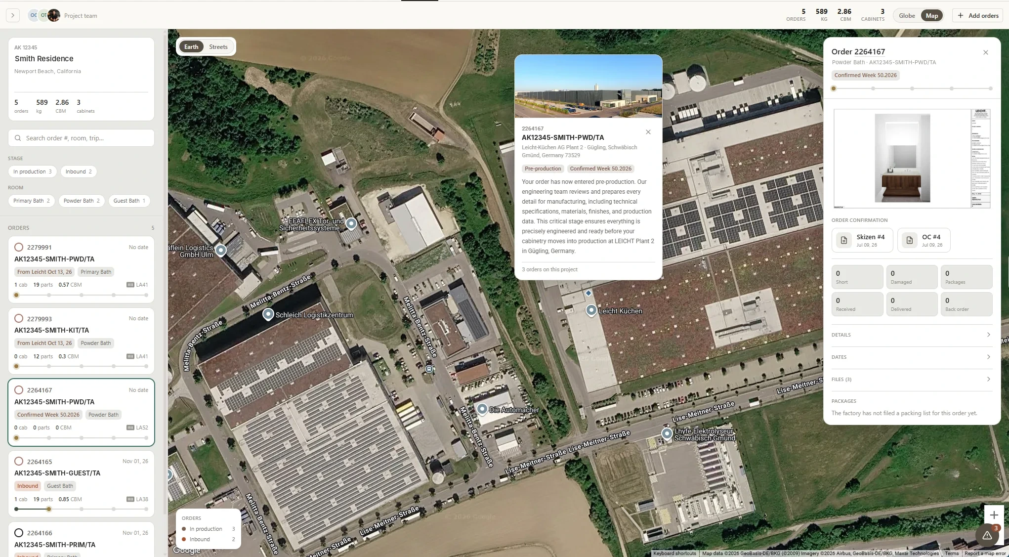 Satellite view of LEICHT Plant 2 in Gügling with an order in pre-production, confirmed for week 50