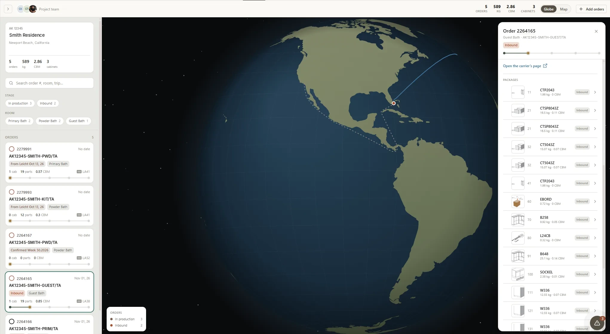 Globe view of an inbound order with every package listed by weight and volume
