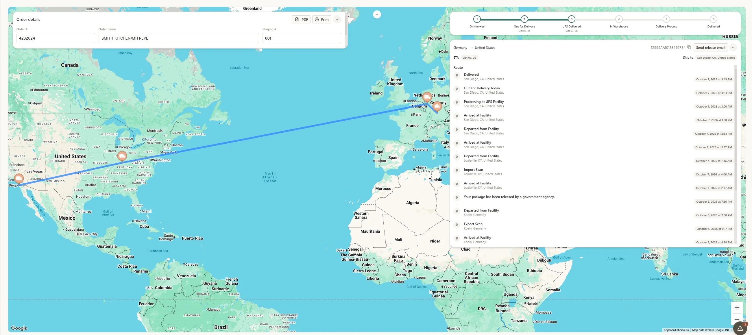 Dash4 UPS tracking view: route from Koeln, Germany via Louisville, KY to San Diego, CA, with a six-step delivery progress bar and a timestamped scan history